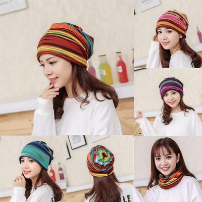 Women Stripe Hat Ruffle  Hat  Scarf  Collar Turban Head Wrap Cap