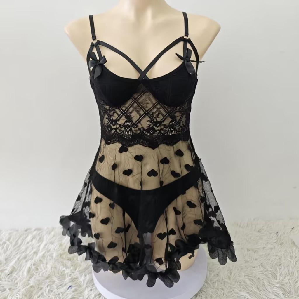 European & American Sexy Red Heart Mesh Lingerie Set