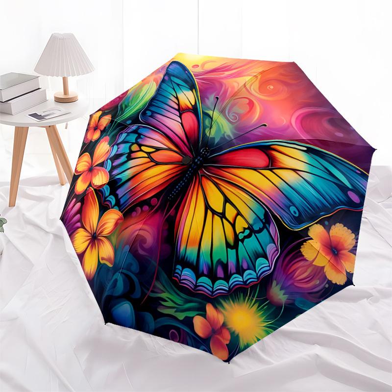 1pc Butterfly Flowers Automatic Open/Close Umbrella with Folding Feature Compact Travel Umbrella, Lightweight Design, for Commuting039