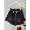 Tassel Fringed Denim Shorts for Women High Waist Thin Wide Leg A-line Half Pants Solid Color Sexy Style Ladies' Clothing