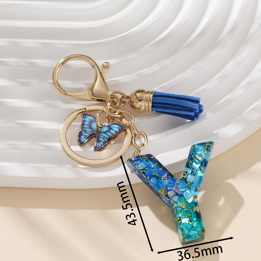 1pc Alloy Alphabet Initial Keychain Royal Blue Butterfly & Tassel Letter Keychain for Backpack Charm Accessory Key Ring Findings