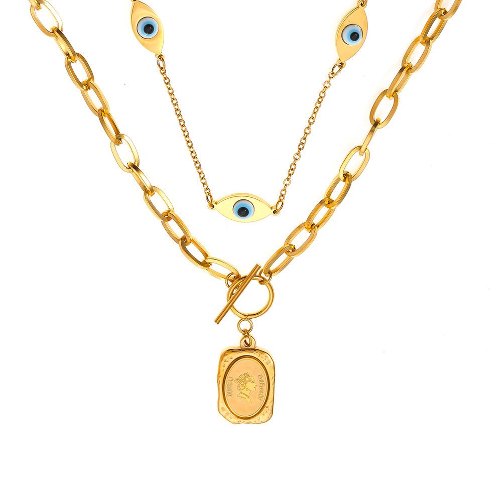 18K Gold-Plated Titanium Steel Eye of the Devil Portrait Square Pendant Double Layer Necklace for Women