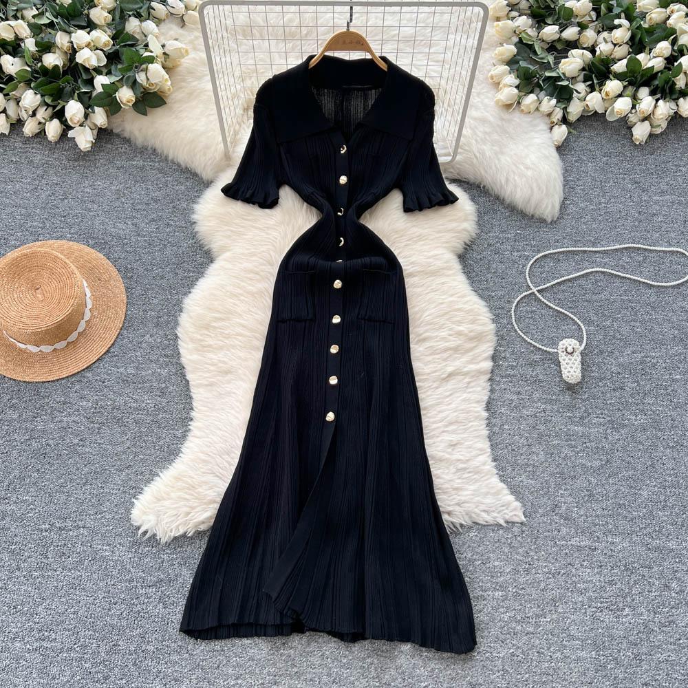Korean Simple Design Lapel Knitted Dress Women's Summer Slim and Thin Single-breasted Royal Sister Temperament Long Dress
