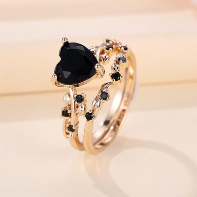 Luxury Heart Rings for Women Black Stone Wedding Ring Set Engagement Jewelry Gold Color Elegant Fashion Rings