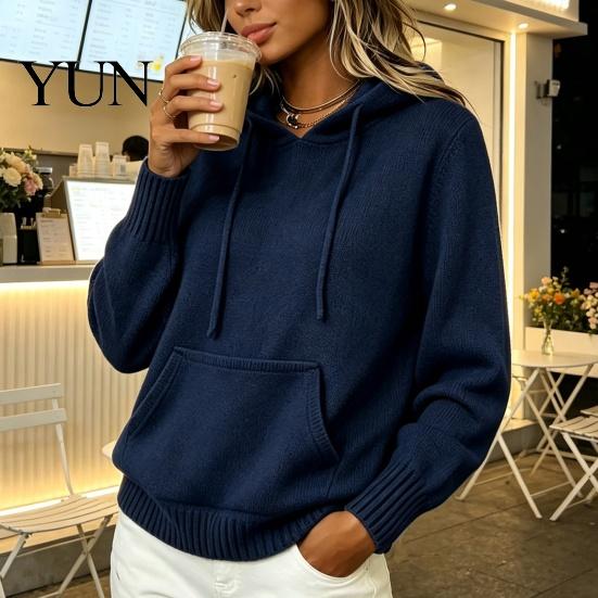 Daily Wear Hoodie Women Knit for Fall Winter, Long Sleeve Pullover Sweater Cozy Autumn Outerwear with Front Pocket, Solid Color Casual Hooded Top