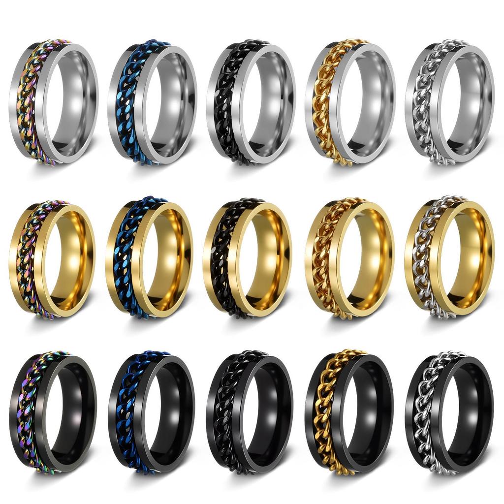 Men's Titanium Steel Rotating Chain Ring - Rotatable Stress Relief Jewelry and Beer Bottle Opener