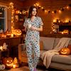 Women's Halloween Print Scrub Set, V Neck Short Sleeve with Pockets and Pants, 2 Piece Uniform