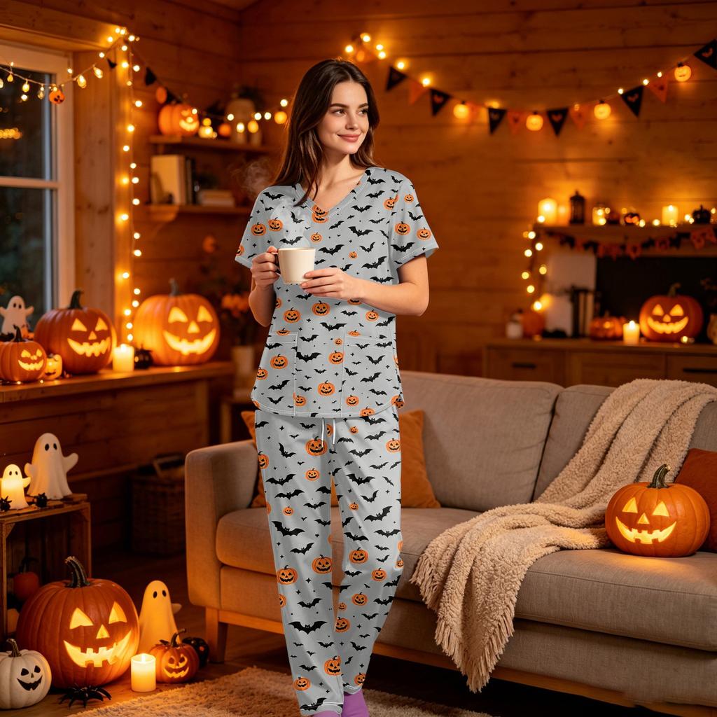Women's Halloween Print Scrub Set, V Neck Short Sleeve with Pockets and Pants, 2 Piece Uniform