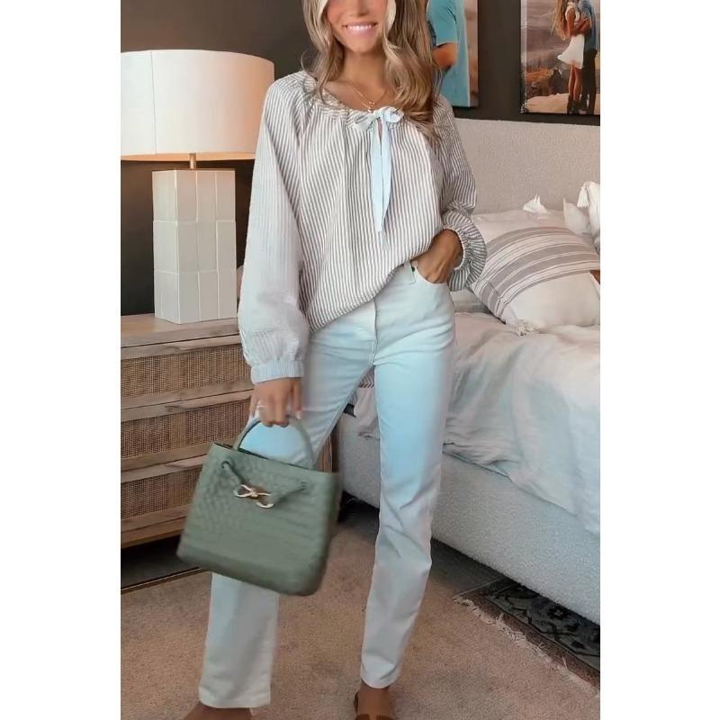 Herbst und Winter Damen Chiffon Shirt Gestreifte Krawatte Langarm Top