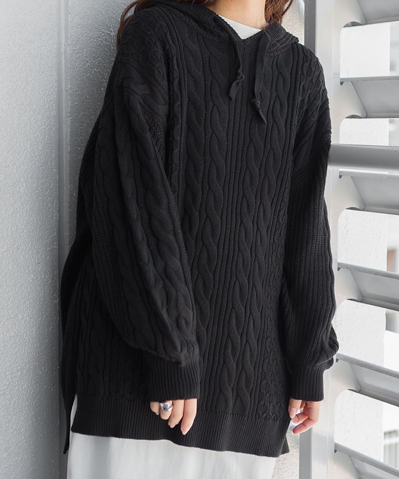 Cable Knit Black ATN-0024 [At One] Hoodie, Women's, M-L,