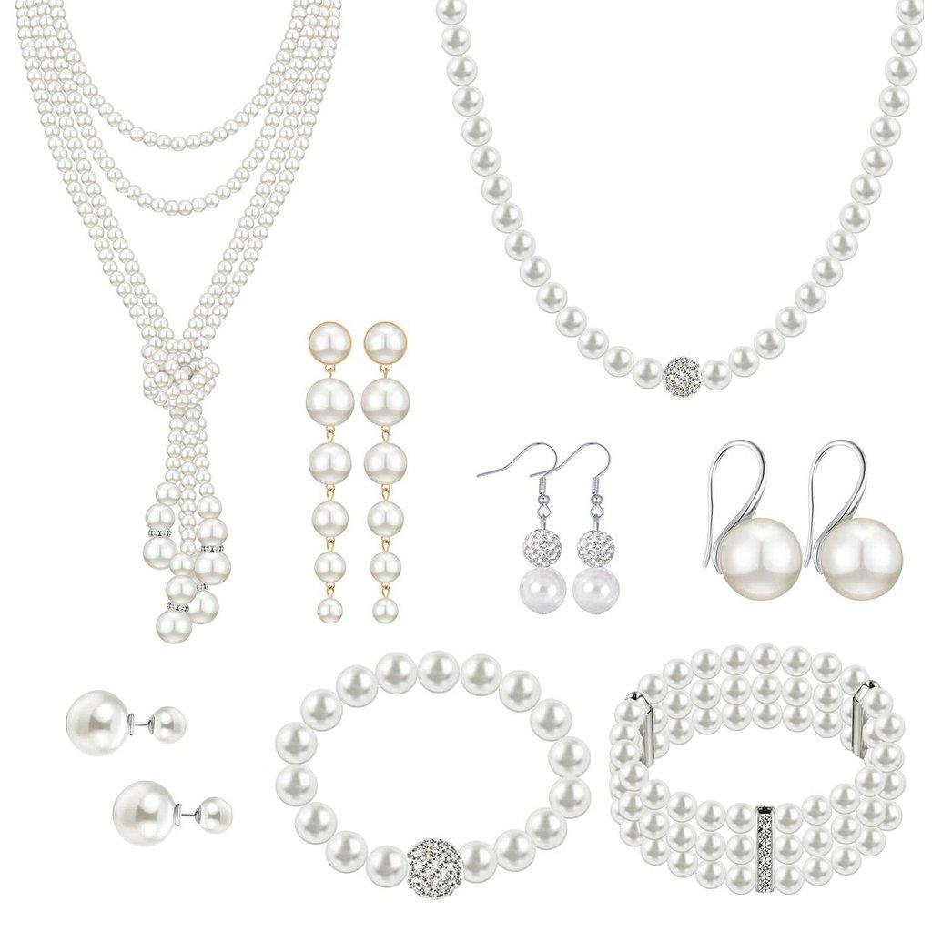 Vintage European Pearl Necklace Set With Geometric Water Drill Pendant For Women Summer