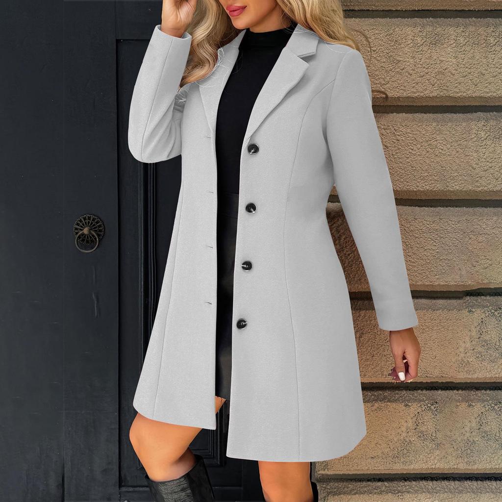 2026 New Women's Lapel Collar Wool Blend Coat, Slim Fit Solid Color Long Trench Coat, Versatile Autumn Winter Overcoat