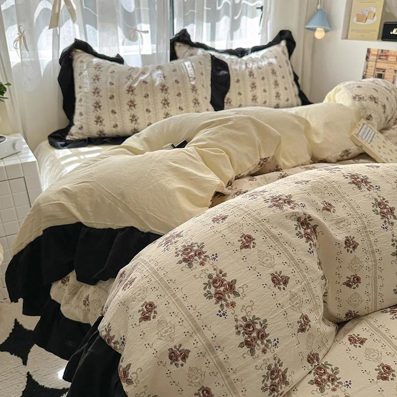 1.5/1.8 Korean Style 100% Cotton Fitted Sheet Sets with Lace Flower Print Bedding Set for Seasons Home Bedclothes for Adult Kids