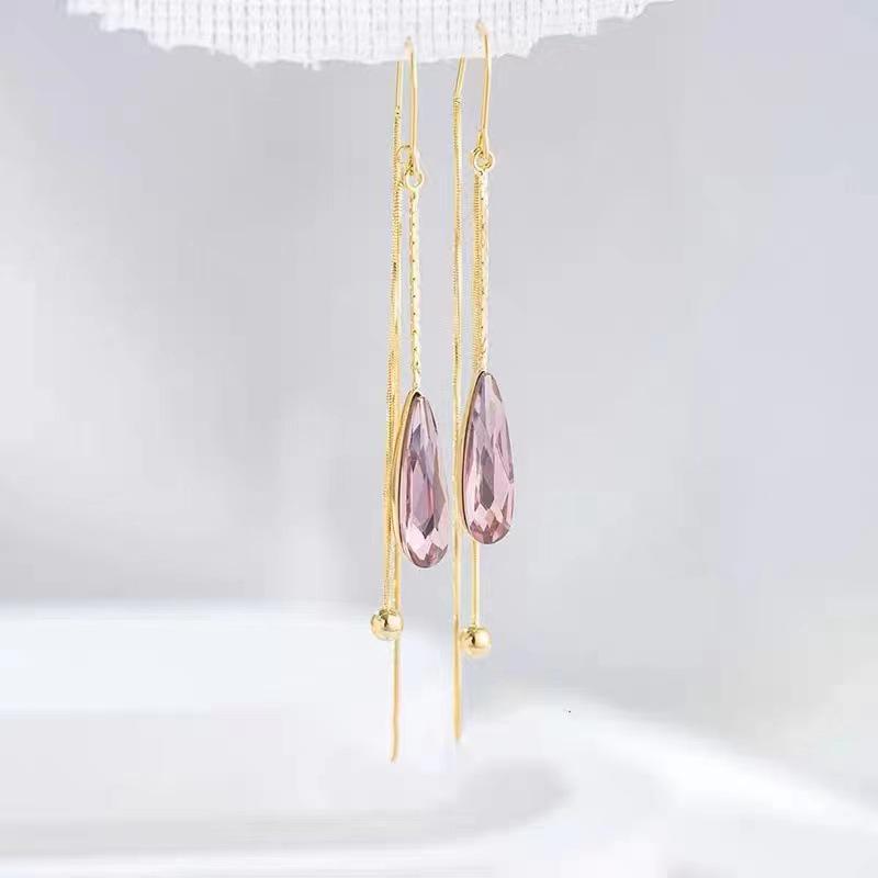 Teardrop Green Crystal Tassel Earrings with Pink Rhinestones - Face Slimming Anti-Lost Design