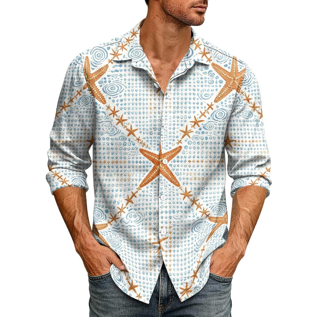 Men's Loose Fit Long Sleeve Shirt Hawaiian Style Retro Casual Button Down Collar Shirt Suitable for Spring and Autumn Wear