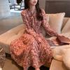 Spring And Autumn Long-sleeved Gentle Loose Mid-length Floral Chiffon Ladies Chest Bow Tie Dress