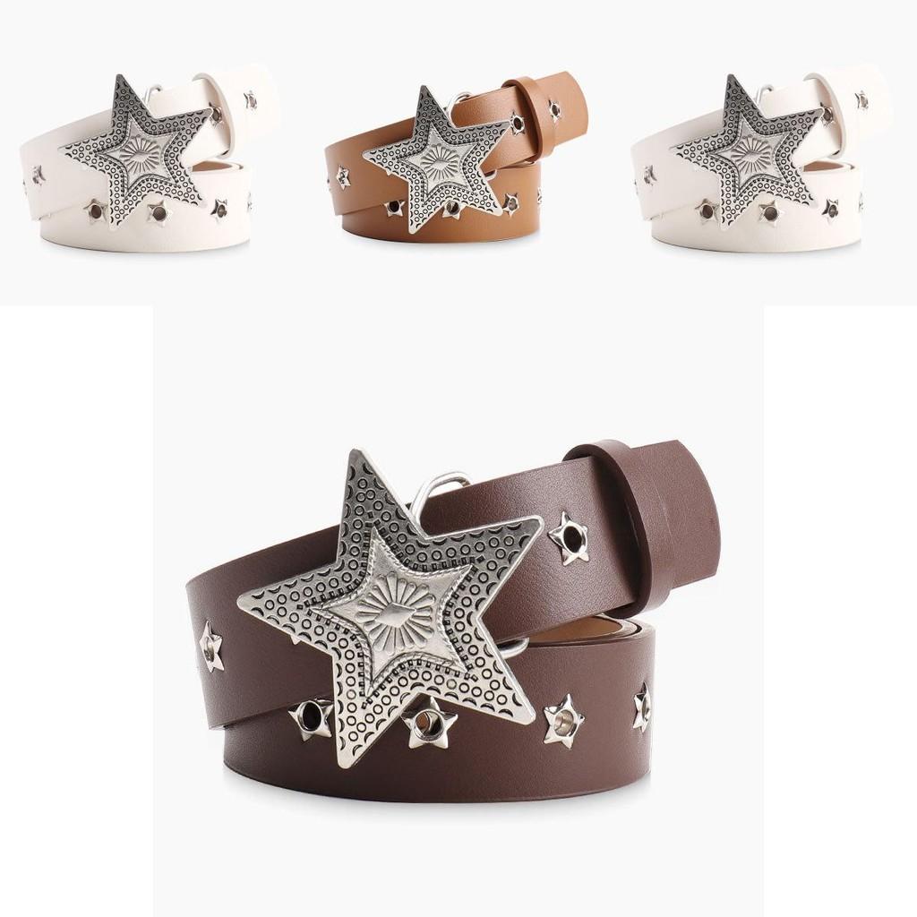 Fashion Womens Leather Belt With Star Pattern And Metal Buckle For Casual And Office Wear