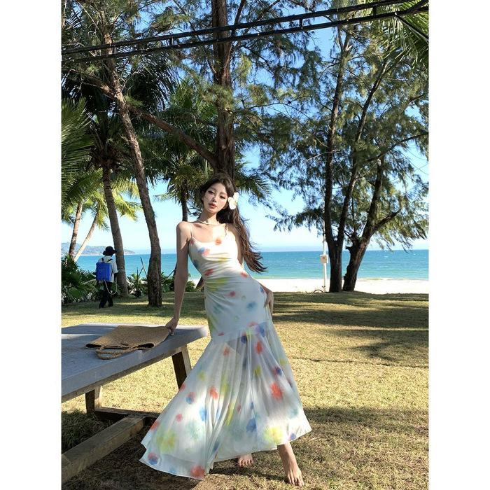 

Watercolor polka dot suspender dress children s summer spice girls pure desire wind mesh yarn waist and thin buttocks fishtail dress S