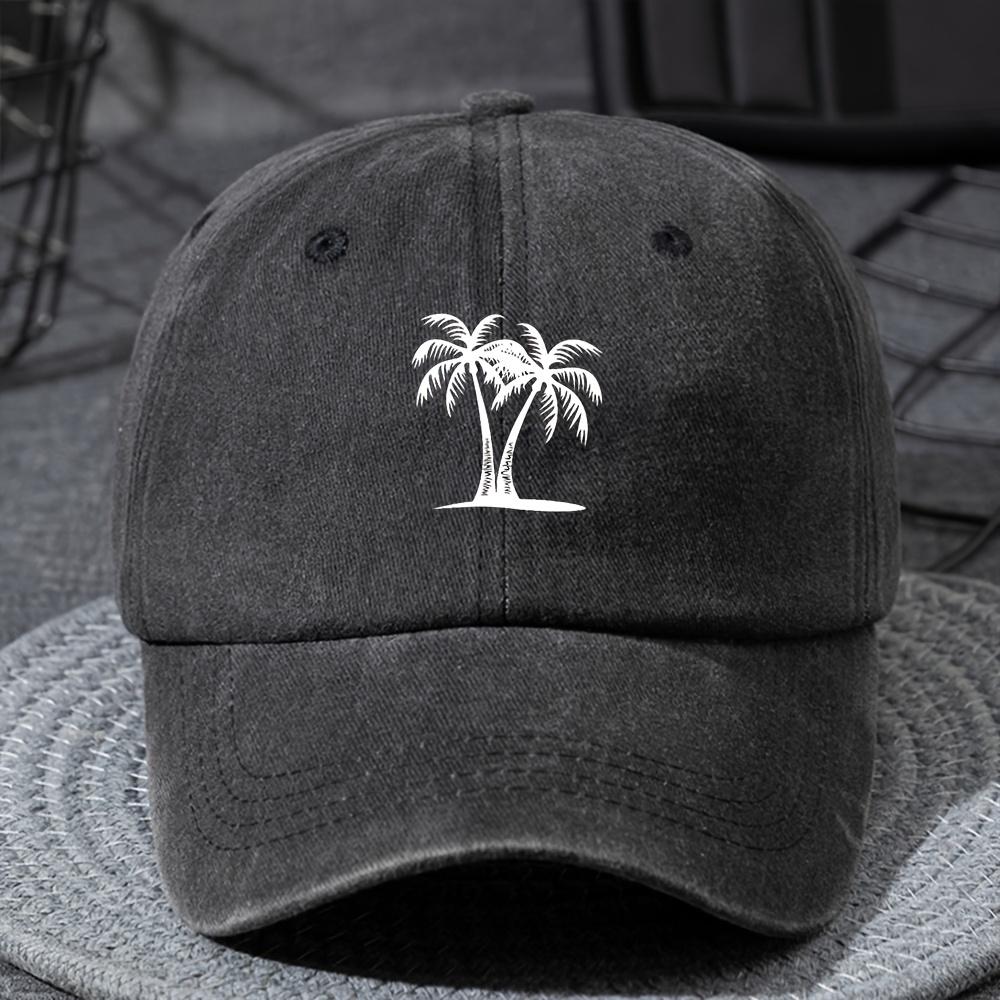 A Unisex Lightweight Fashionable Baseball Cap with a Coconut Tree Print Suitable for Boys and Girls in a Vintage Washed Style