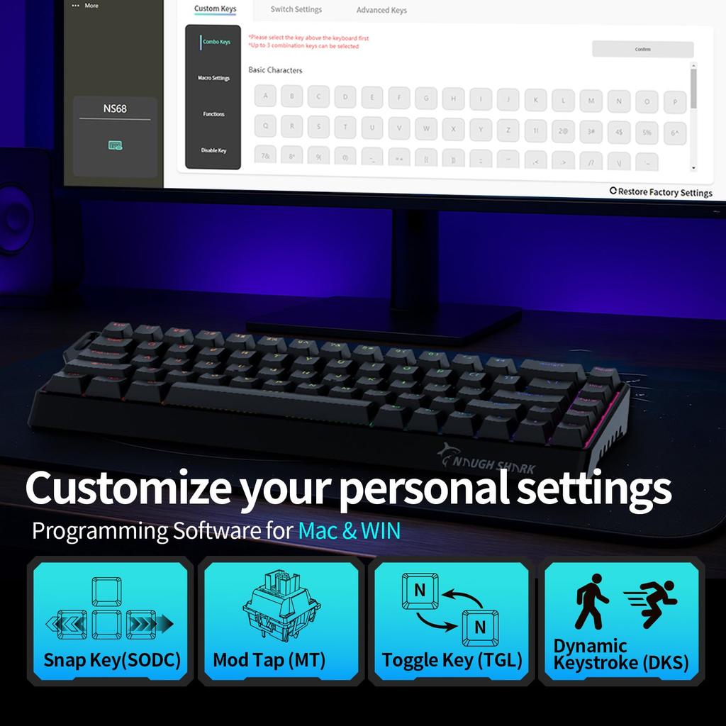 GAMAKAY X NaughShark NS68 Wireless Keyboard - Rapid Trigger (0.01mm)  8000Hz  Outemu Peach Crystal Magnetic Hot Swap 2.4GHzBluetoothUSB-C 65% Compact