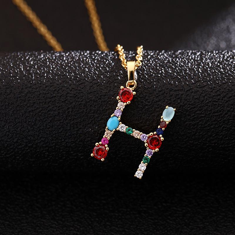 Colier de cupru pentru femei, cu 26 de litere, cu zircon colorat, agat și lanț din oțel inoxidabil
