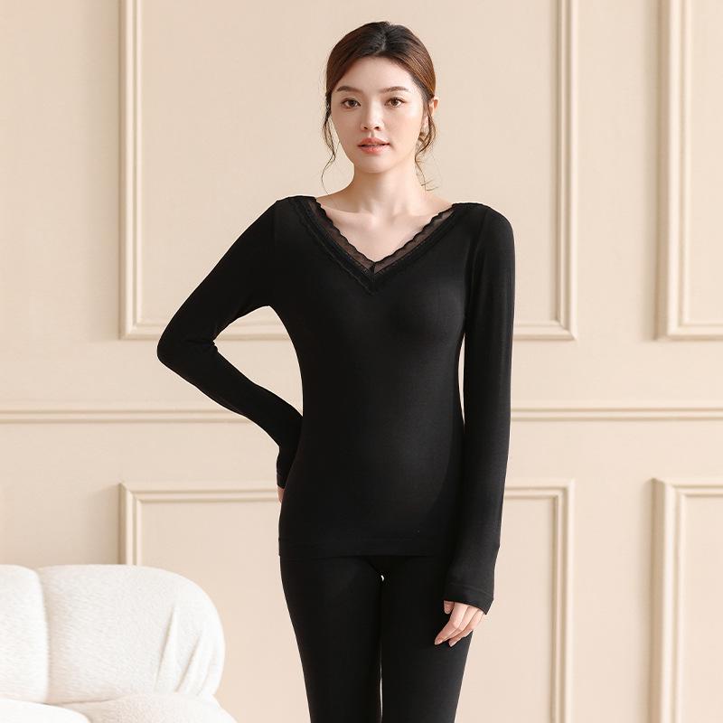 Women's Lace V-Neck Thermal Underwear Set - Slimming, Shaping, Heat-Generating Cotton