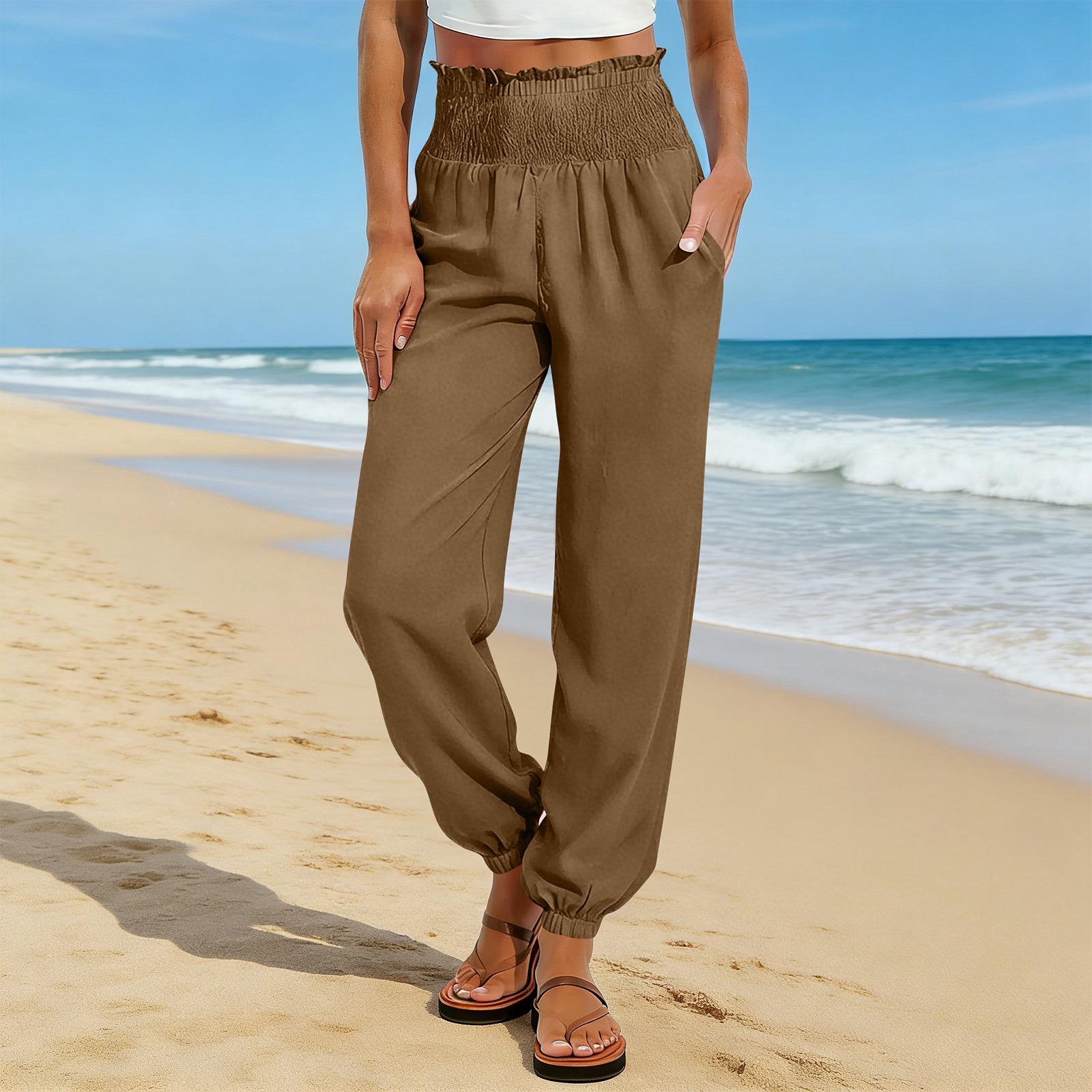

Women s Fashion Color Elastic Waist Pocket Loose Leg Tight Casual Pants M коричневый
