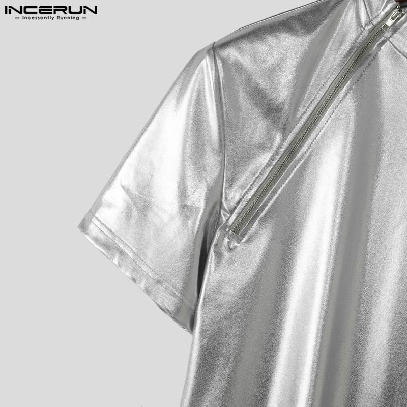 INCERUN Herren T-Shirts Mockneck Kurzarm Glitzer Lässige Figurbetonte Oberteile