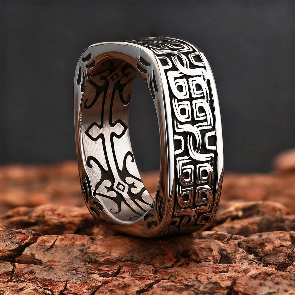 Mens Wide Square Ring Ancient Mythical Beast Pattern Cloud Motif Chinese Unique Design