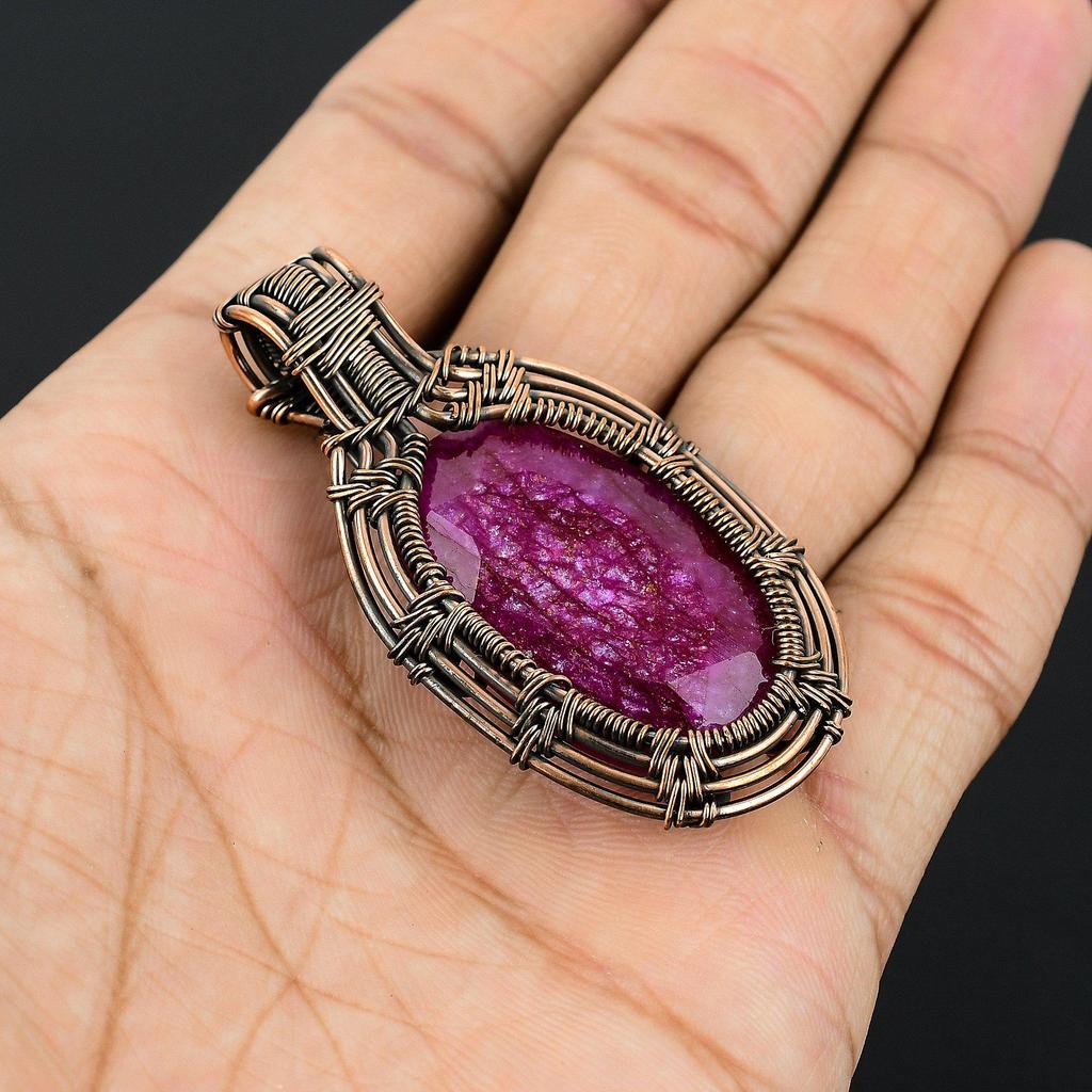 Ruby Pendant Gemstone Jewelry, 999 Copper Wire Wrapped Handmade Pendant, Latest Design Jewelry