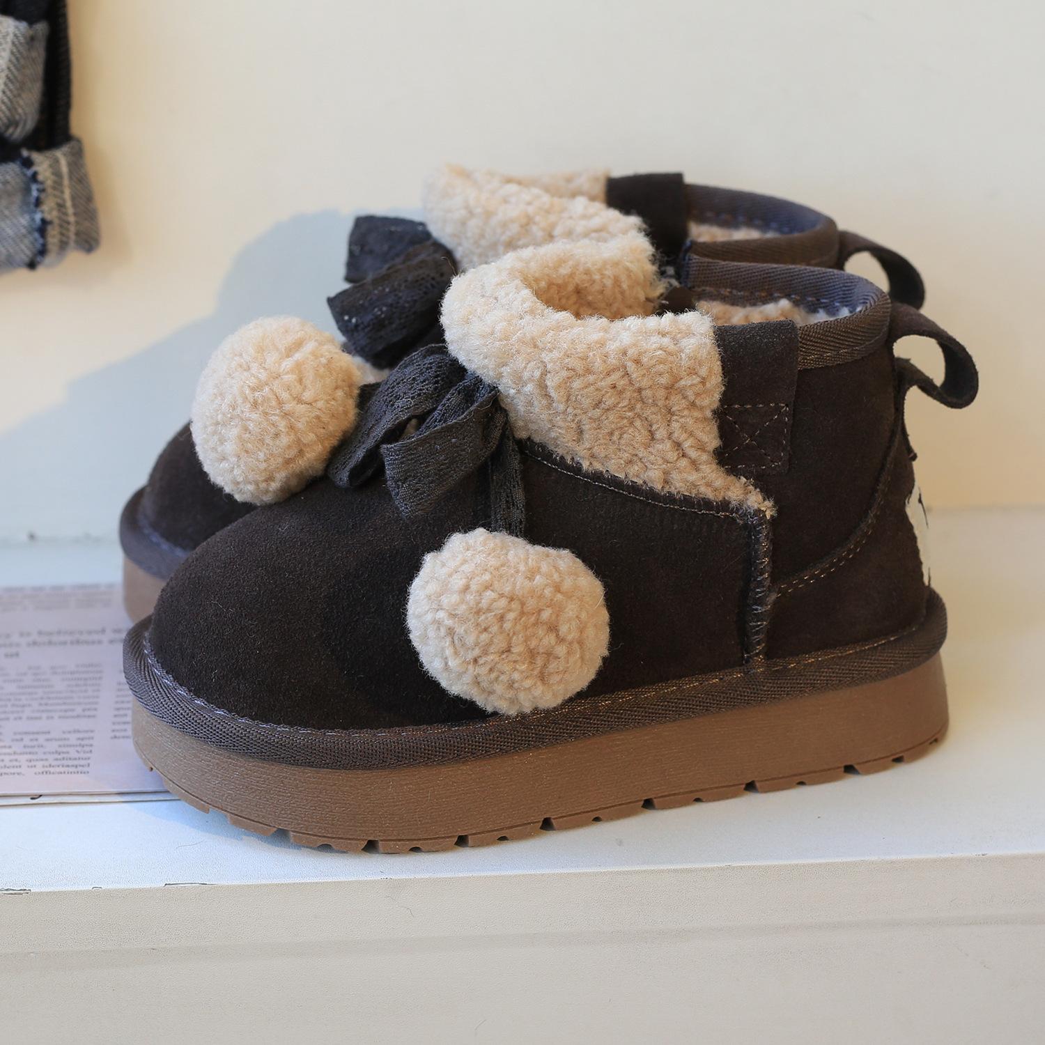 

Детские зимние сапоги, флисовые утепленные сапоги принцессы 2025, милые зимние хлопковые сапоги с помпоном для девочек 37 yards/inner length 22.8cm коричневый