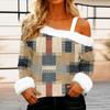 Women's Off-the-shoulder Plush Neck Printed Long-sleeved Pullover T-shirt Top