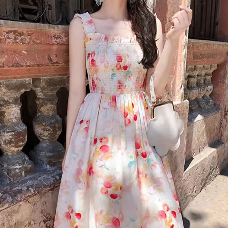 Neuer Sommerstil Beste Freundin Schwester Outfit Midilänge Taillenbetont Schlank Floral Quadratischer Kragen Trägerkleid für Damen