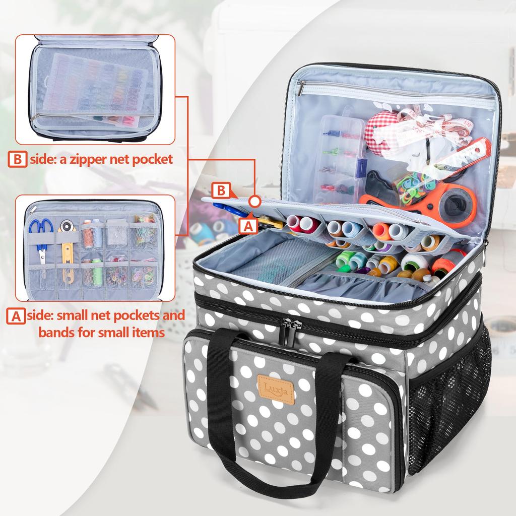 Luxja Sewing Large Capacity Sewing Bag with Storage and Multiple Pockets for Sewing Storage and Bag Gray Dot Box, Two-Tier Tools, Transport, Only,