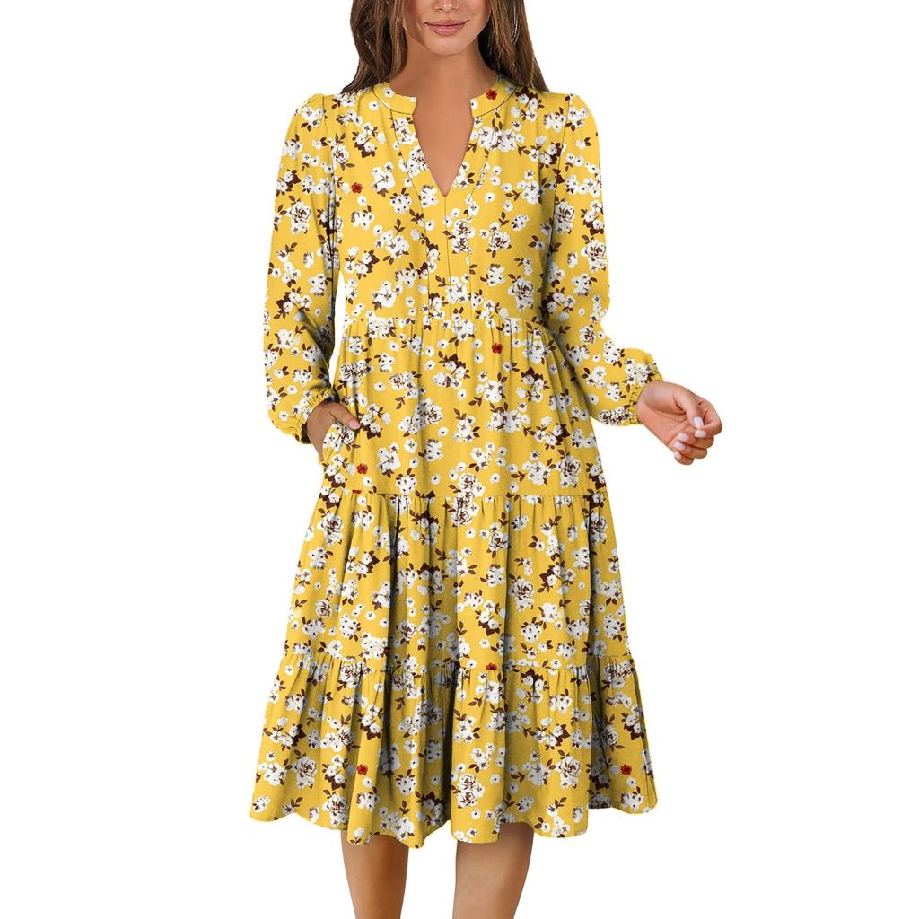 Women's V-Neck Flowing Layered Bohemian Long Sleeve Floral Print Dress