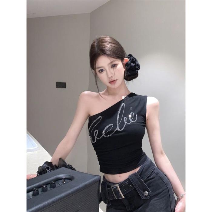 

Чистый и Сексуальный Кроп-Топ на Одно Плечо со Стразами - Летняя Майка для Похудения для Женщин Medium чёрный