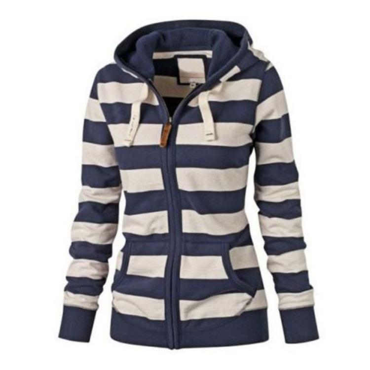 Winter Fashion Women Hoodie Coat Striped Print Long Sleeves Drawstring Pockets Zipper Closure Sweatshirt Jacket Autumn Winter