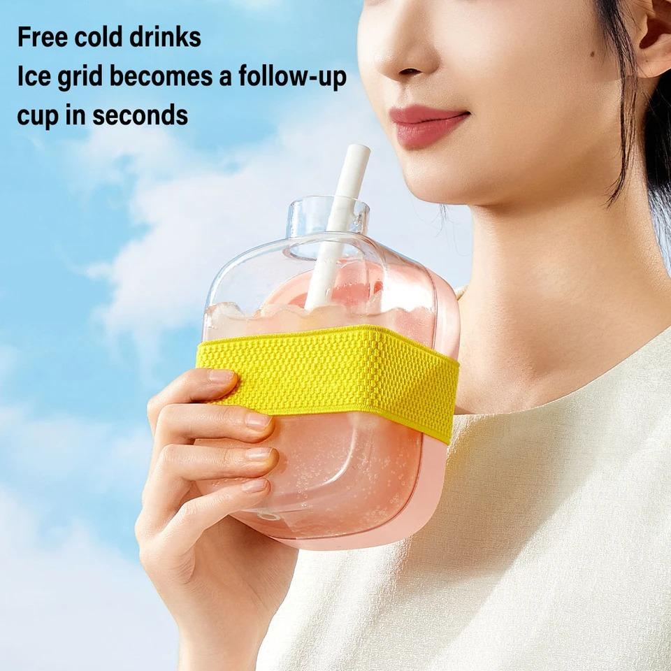 Jednoklikowy Silikonowy Pojemnik na Lód Chłodzący Kubek z Pokrywkami Kubek do Robienia Lodu ze Słomką + Forma do Opasek Kablowych Kubek na Jedzenie ze Słomką Czajnik na Napoje Łatwe Wyjmowanie Kostek Lodu