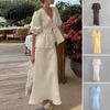 Casual Long Skirt Suit Women's Summer 2 Piece Sets, Puff Short Sleeve Tie High-waisted Front Top High Waist Maxi Beach Vacation Outfits Hip-covering