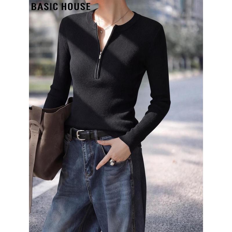 Basic House Women s French Style Half-Zip Long Sleeve Knit Top L