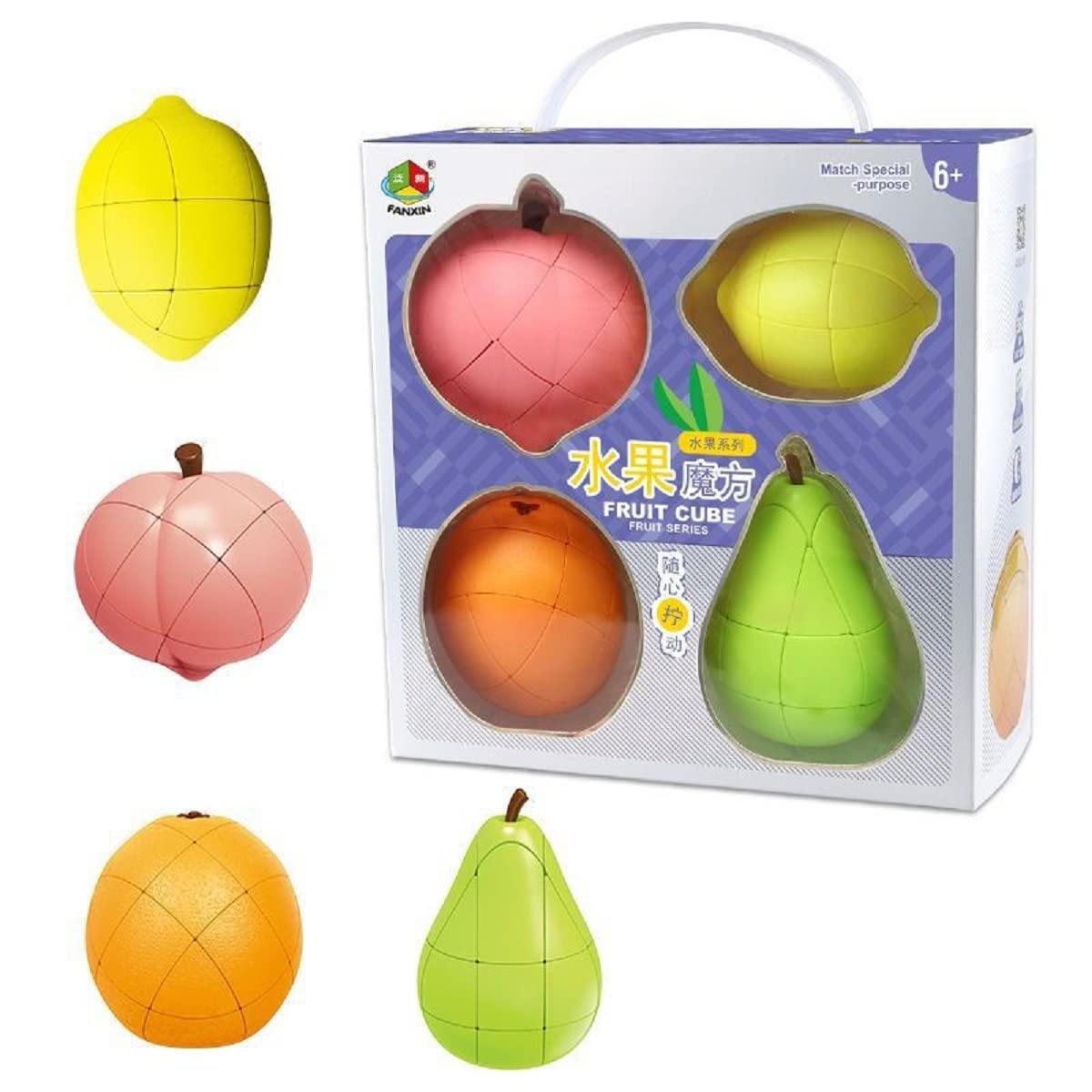 

Fruit Cube Puzzle: Realistic Fruit-Shaped Cube Puzzle. Set of 4: Orange, Pear, Peach, and Lemon. (Packaged in English and Chinese). A great birthday