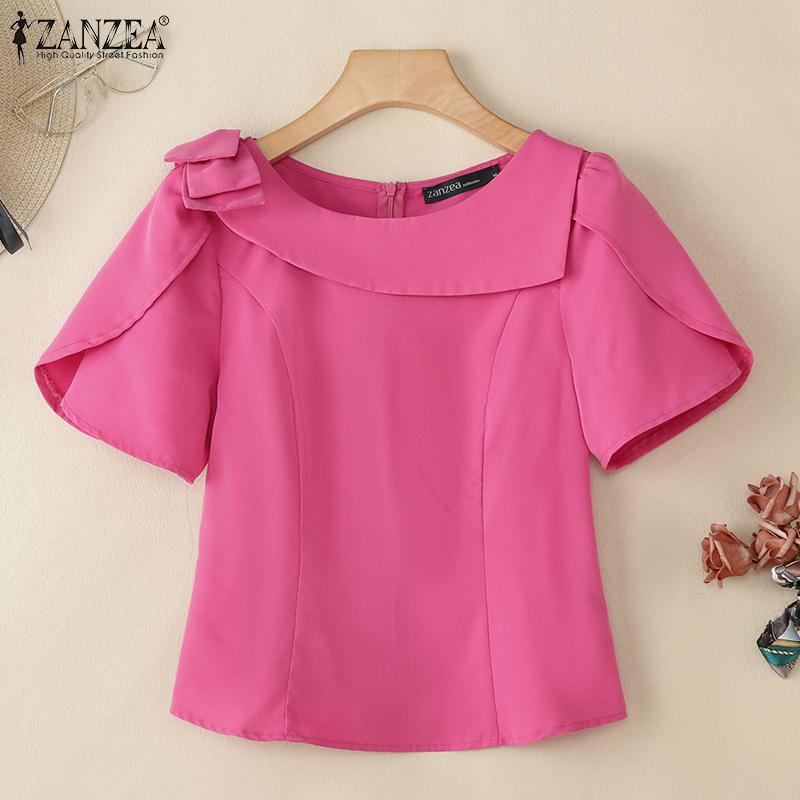 ZANZEA Damen Casual O-Ausschnitt Kurzarm Bluse mit Reißverschluss hinten