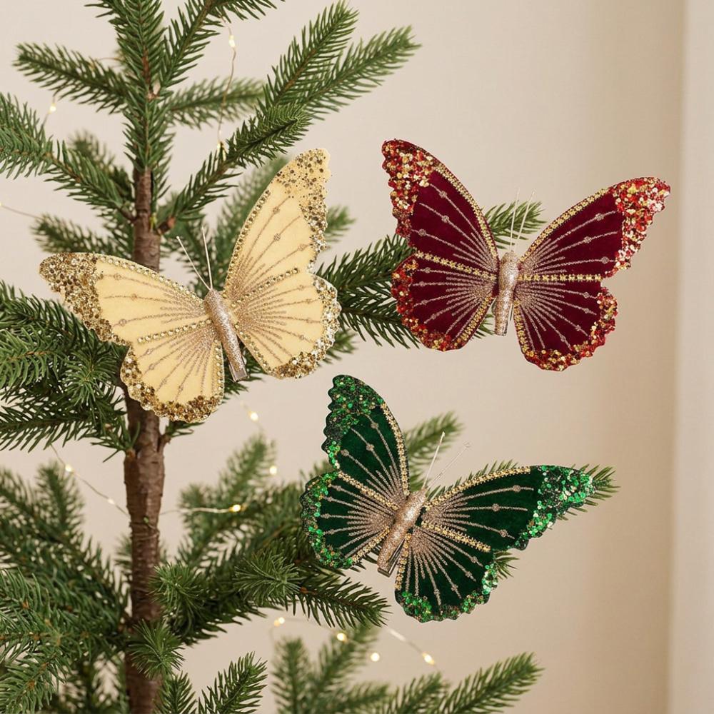 Clip-On Velvet Christmas Butterfly Ornament Artificial Butterfly Hanging Decor Wedding Decor