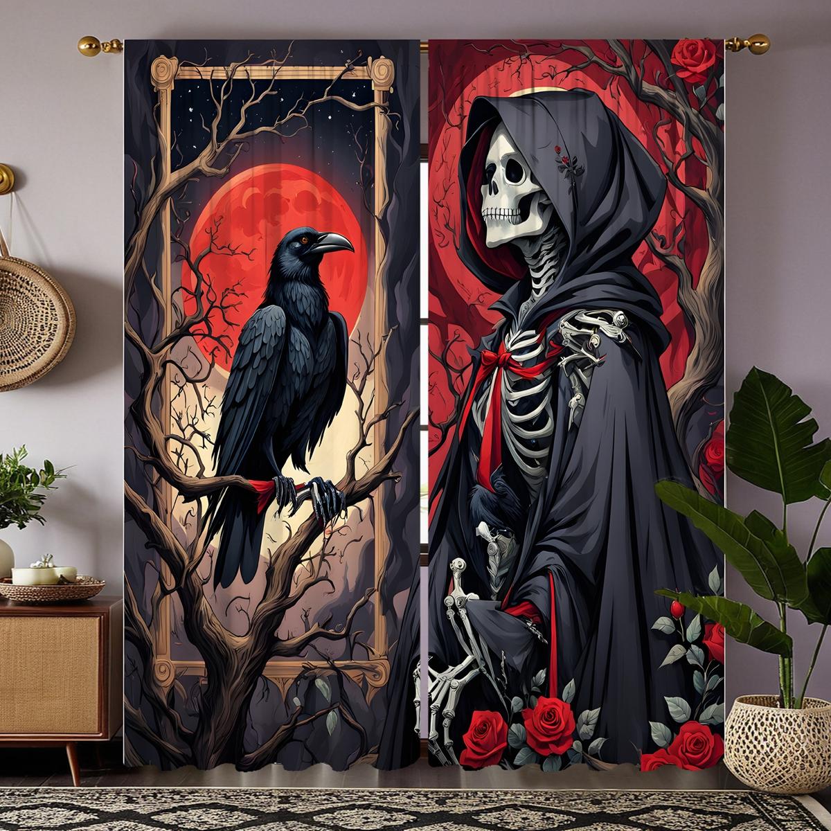 

Комплект из 2 шт. HD декоративная занавеска Хэллоуин Роза Череп Орел Черный Галстук цифровая печать занавеска Домашний декор стиль Украсить Гостиную W52H63inchW132H160cm