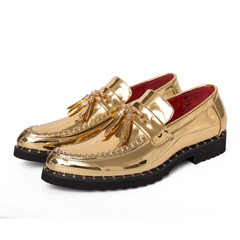 Men Classic Retro Loafer Casual Street Style Gold Patent Leather Platform Black Dress Party Shoes Large Size
