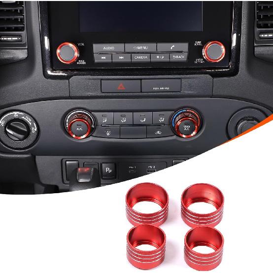 4PCS Air Conditioner Switch Knob Cover Compatible with Nisan Frontier 2022-2024 Aluminum Alloy Air Conditioner Stereo Volume Switch Knob Ring Covers красный