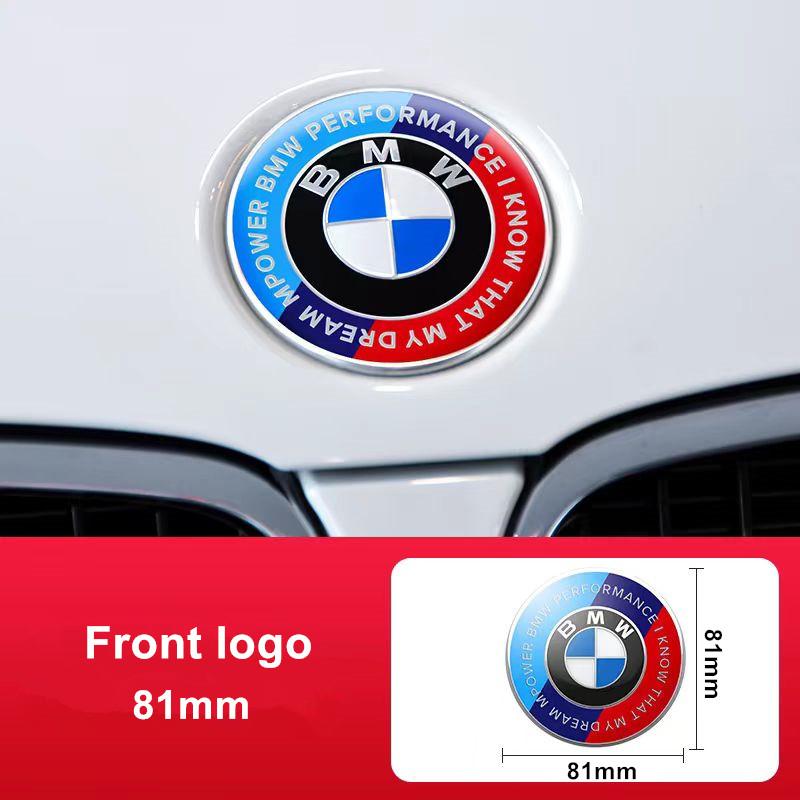 Emblemat na maskę przednią z logo BMW na 50-lecie 81mm+Znaczek tylny 74mm+Dekielek na piastę koła 68mm+Naklejka na kierownicę 56mm 46mm