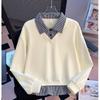Women Fake Two-Piece Long Sleeve Sweatshirt Gingham Collar Casual Loose Layered Look Top