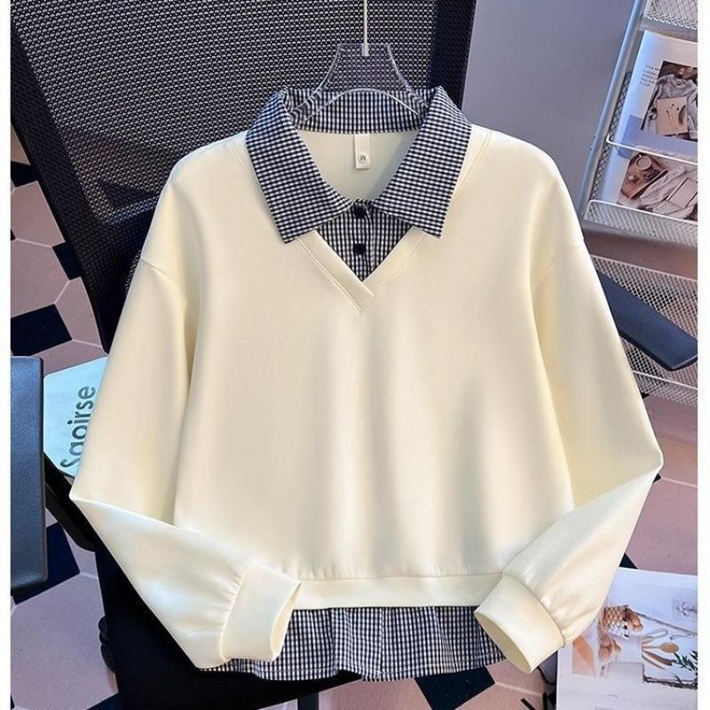 Women Fake Two-Piece Long Sleeve Sweatshirt Gingham Collar Casual Loose Layered Look Top