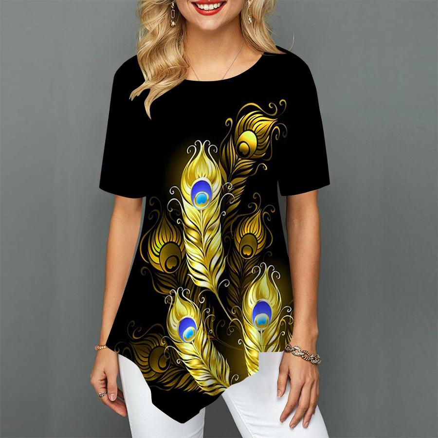 Mode O Hals 3D Feder Druck Unregelmäßiger Saum Lose Frauen T Shirt Tops Frühling Sommer Neue Damen Tragen Trendy Kleidung XS-8XL